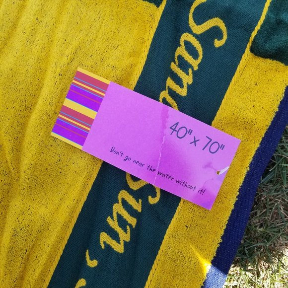 Vintage 2000 Mervyn's 40"x70" Beach Towel Green Gold Navy New w/ Tag + Defect - Picture 3 of 4